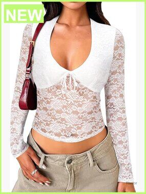 Long Sleeve Lace V-Neck Mesh Crop Top Y2K Going Out Shirt